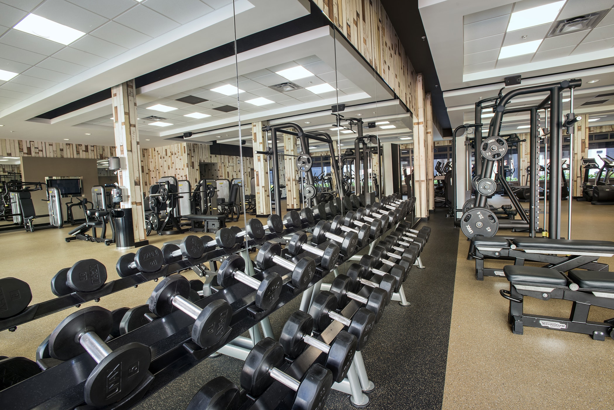 dumbell rack and mirrored wall in apartment gym