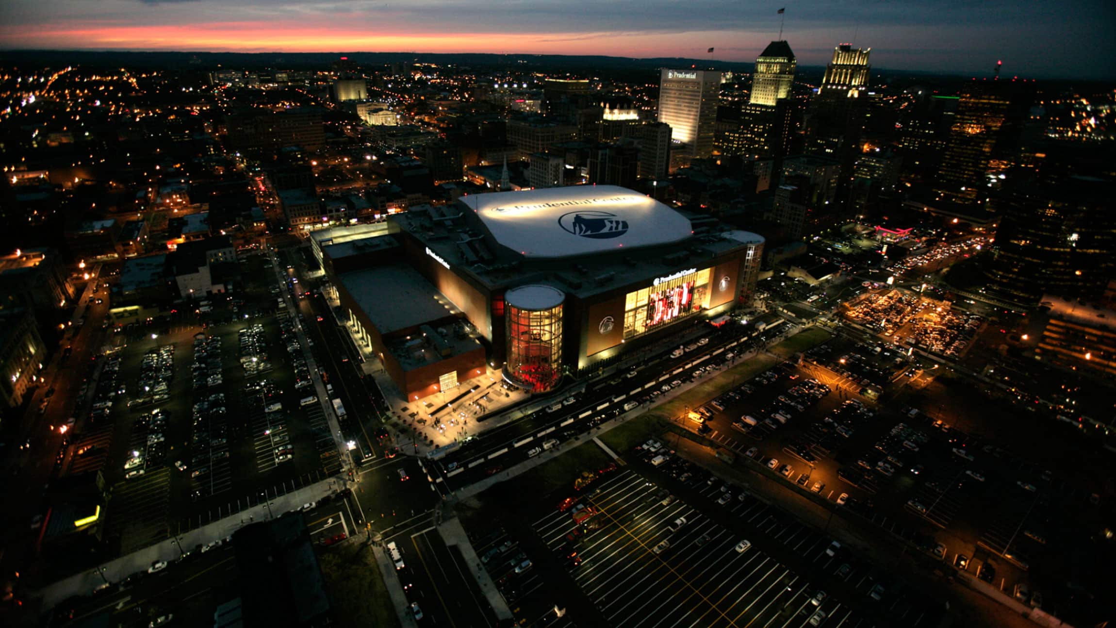 aerial view of Prudential Center at night